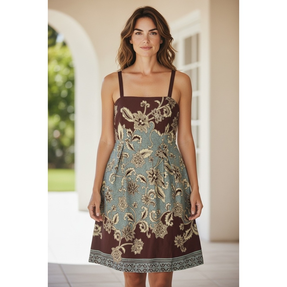 Jessica Howard Floral Sundress Womens 12P‎ Brown Teal USA Boho Earthy Retro